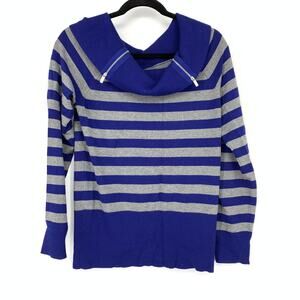 Guess Pullover Off Shoulder Sweater Womens Sz XL BLue Gray Striped Zipper Detail